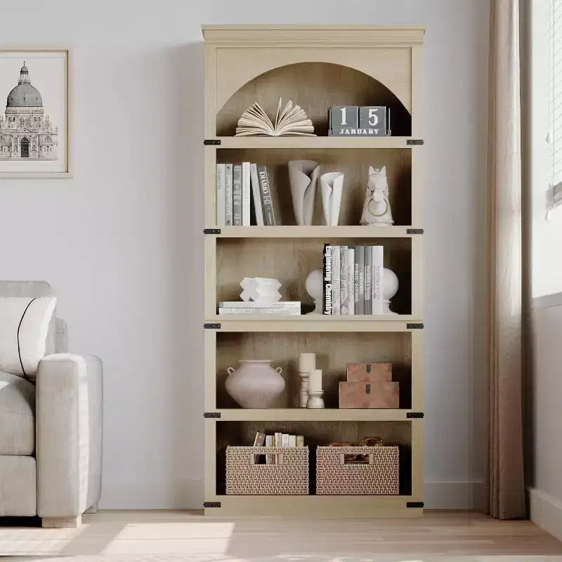 Acekool Étagère de bibliothèque arquée à 5 niveaux, bibliothèque rustique en bois de style ferme avec protections d'angle en métal, pour le salon