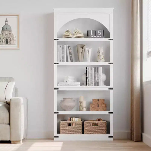 Acekool 5 Shelf Arched Bookcase, Farmhouse Rustic Wood Bookshelf with Metal Corner Guards, for Living Room