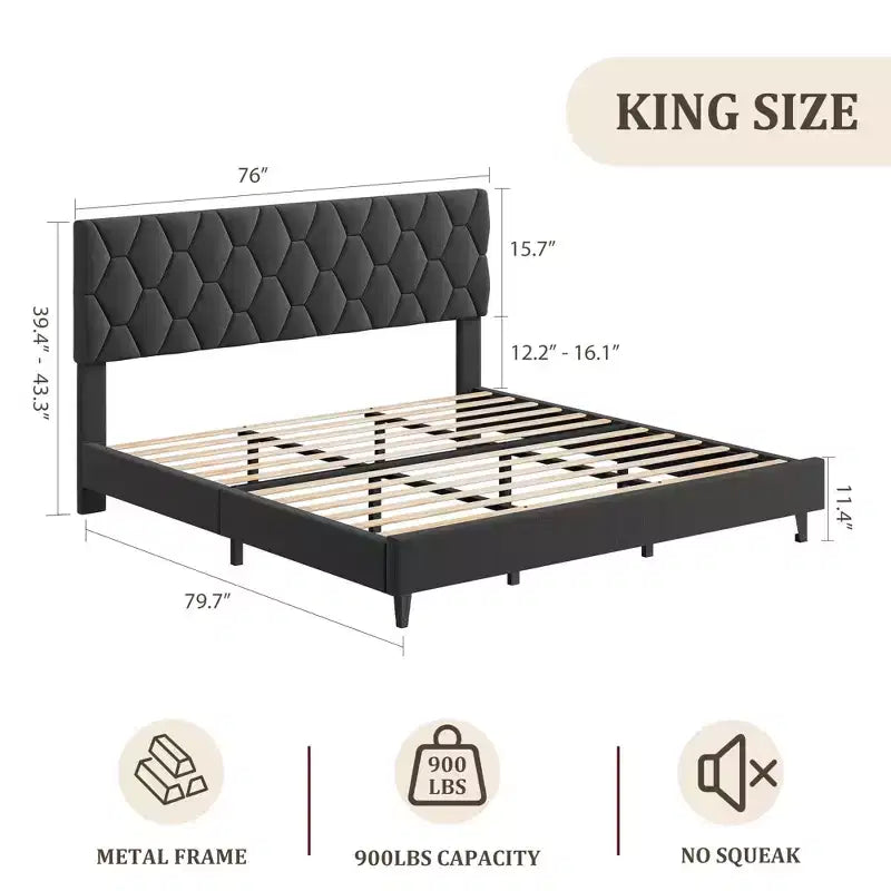 Cadre de lit plateforme COZONY King Size avec tête de lit capitonnée, support à lattes en bois, pas besoin de sommier tapissier