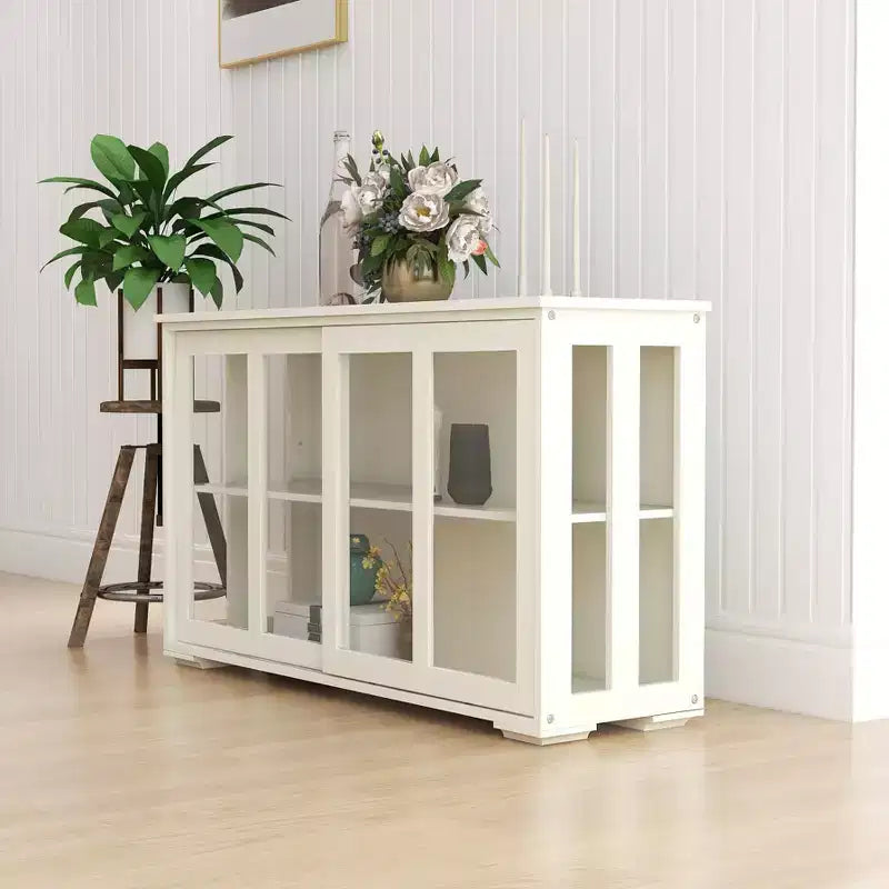 Meuble de rangement de cuisine JVNOXK de 42 pouces avec portes vitrées, comprenant deux portes coulissantes en verre, deux grilles d'aération latérales et une étagère réglable. Blanc