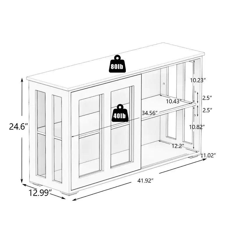 Meuble de rangement de cuisine JVNOXK de 42 pouces avec portes vitrées, comprenant deux portes coulissantes en verre, deux grilles d'aération latérales et une étagère réglable. Blanc