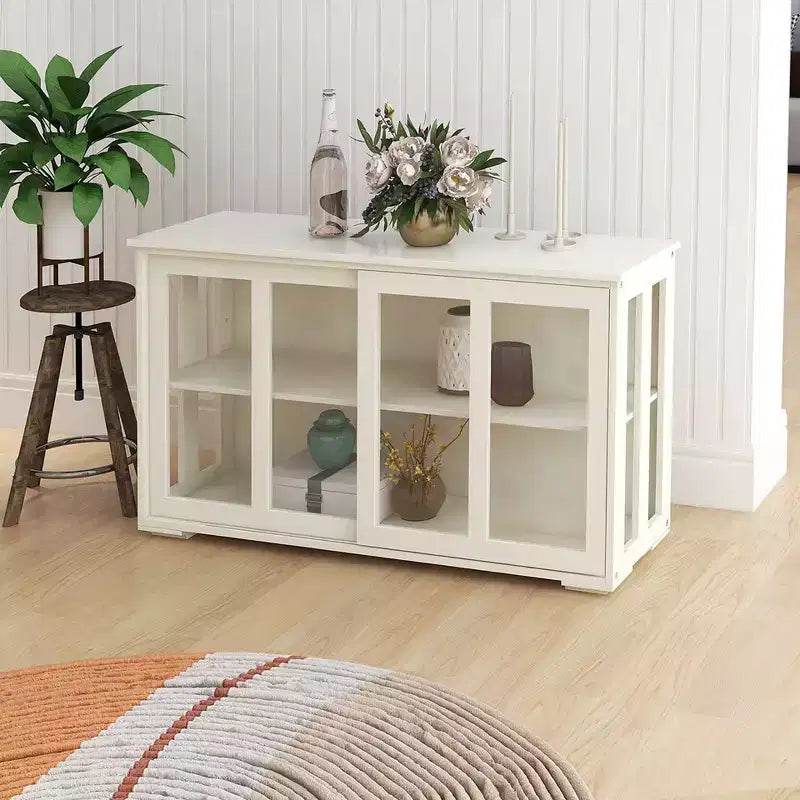 Meuble de rangement de cuisine JVNOXK de 42 pouces avec portes vitrées, comprenant deux portes coulissantes en verre, deux grilles d'aération latérales et une étagère réglable. Blanc