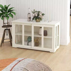 Meuble de rangement de cuisine JVNOXK de 42 pouces avec portes vitrées, comprenant deux portes coulissantes en verre, deux grilles d'aération latérales et une étagère réglable. Blanc