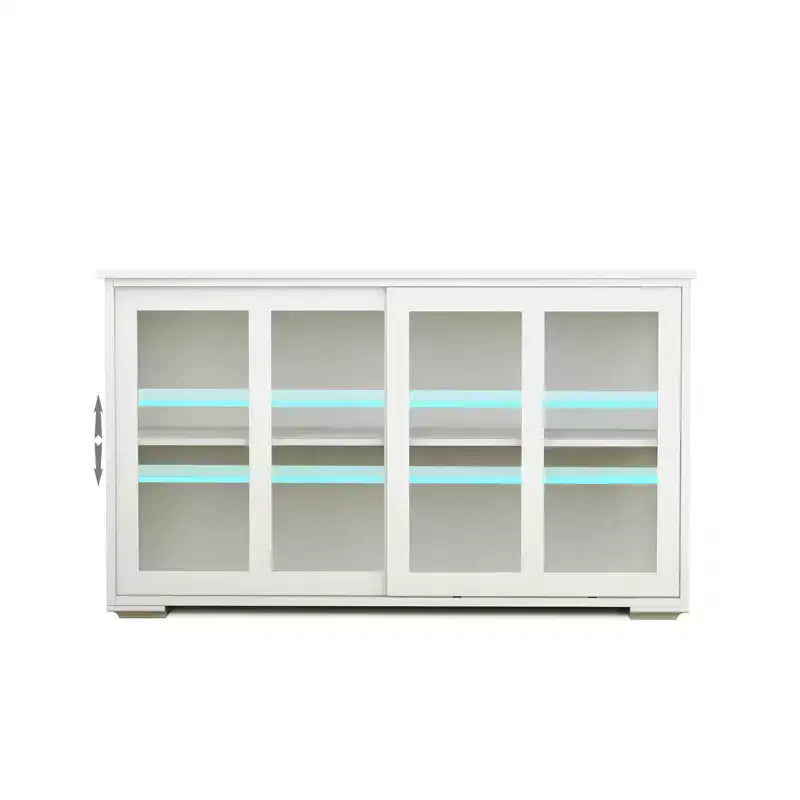 Meuble de rangement de cuisine JVNOXK de 42 pouces avec portes vitrées, comprenant deux portes coulissantes en verre, deux grilles d'aération latérales et une étagère réglable. Blanc