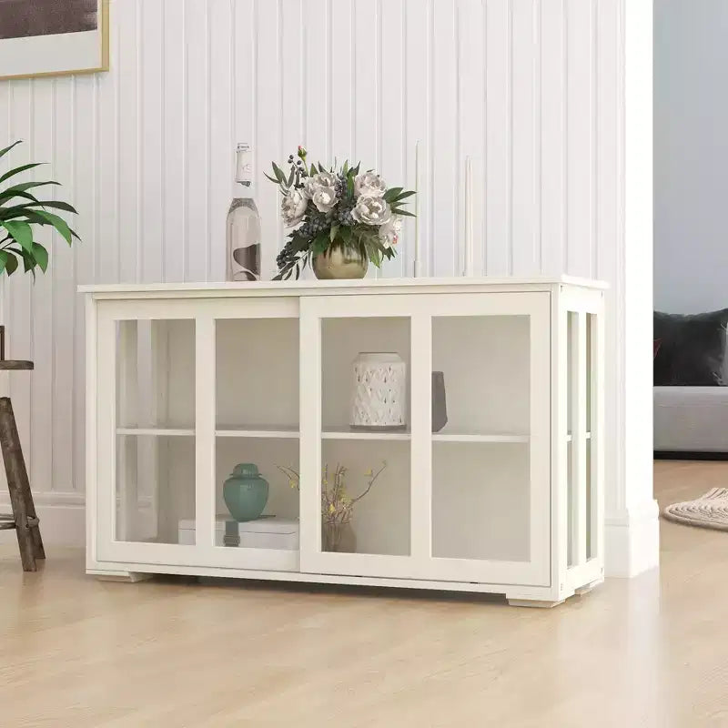 Meuble de rangement de cuisine JVNOXK de 42 pouces avec portes vitrées, comprenant deux portes coulissantes en verre, deux grilles d'aération latérales et une étagère réglable. Blanc
