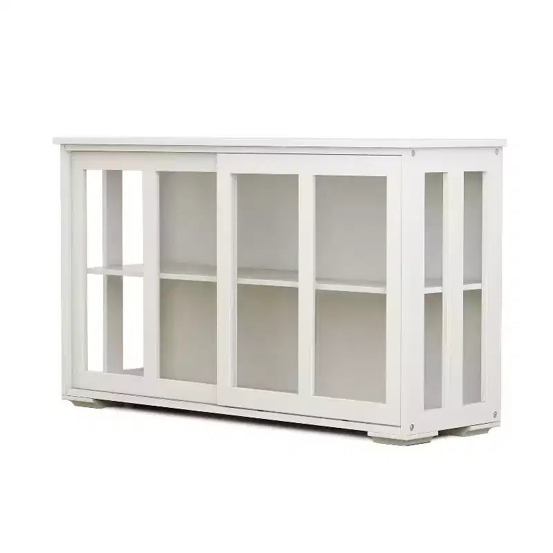 Meuble de rangement de cuisine JVNOXK de 42 pouces avec portes vitrées, comprenant deux portes coulissantes en verre, deux grilles d'aération latérales et une étagère réglable. Blanc