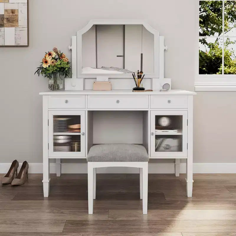 GDFStudio Teuvo Vanity Set, Large Dressing Table with Swivel Mirror, Stool, Cabinet and 5 Drawers