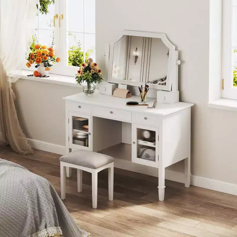 Ensemble coiffeuse GDFStudio Teuvo, grande table de maquillage avec miroir pivotant, tabouret, meuble de rangement et 5 tiroirs