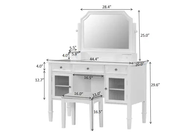 Ensemble coiffeuse GDFStudio Teuvo, grande table de maquillage avec miroir pivotant, tabouret, meuble de rangement et 5 tiroirs