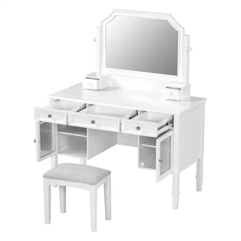 Ensemble coiffeuse GDFStudio Teuvo, grande table de maquillage avec miroir pivotant, tabouret, meuble de rangement et 5 tiroirs