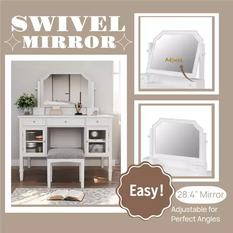 Ensemble coiffeuse GDFStudio Teuvo, grande table de maquillage avec miroir pivotant, tabouret, meuble de rangement et 5 tiroirs