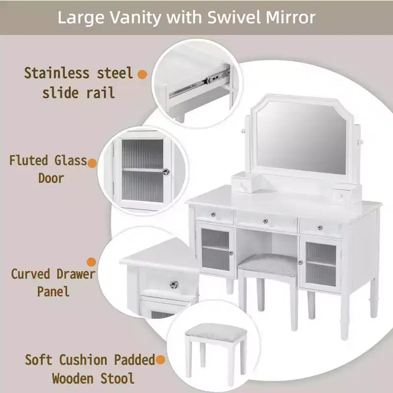 Ensemble coiffeuse GDFStudio Teuvo, grande table de maquillage avec miroir pivotant, tabouret, meuble de rangement et 5 tiroirs