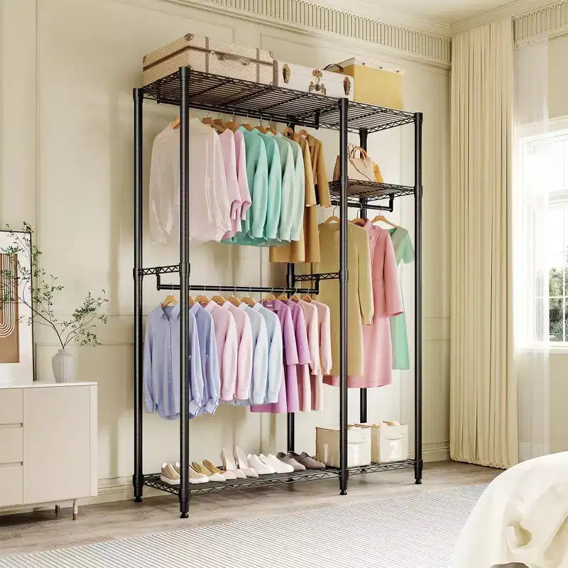 Portant à vêtements robuste 705 LBS, organiseur de placard portable avec étagères réglables et tringle, noir