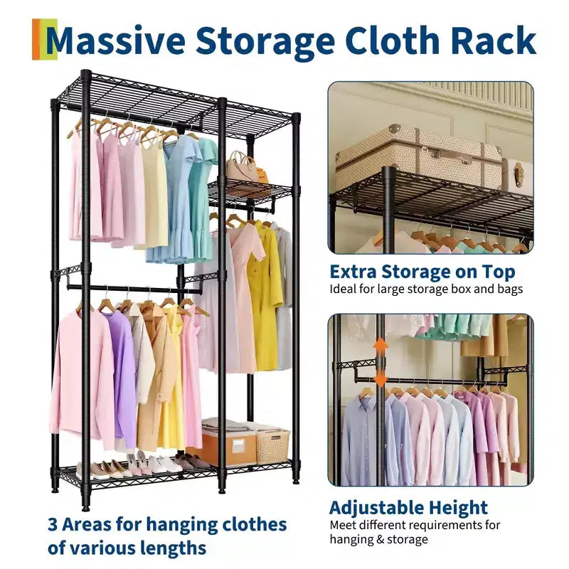 Portant à vêtements robuste 705 LBS, organiseur de placard portable avec étagères réglables et tringle, noir