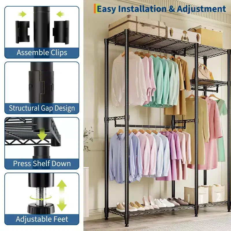 Portant à vêtements robuste 705 LBS, organiseur de placard portable avec étagères réglables et tringle, noir