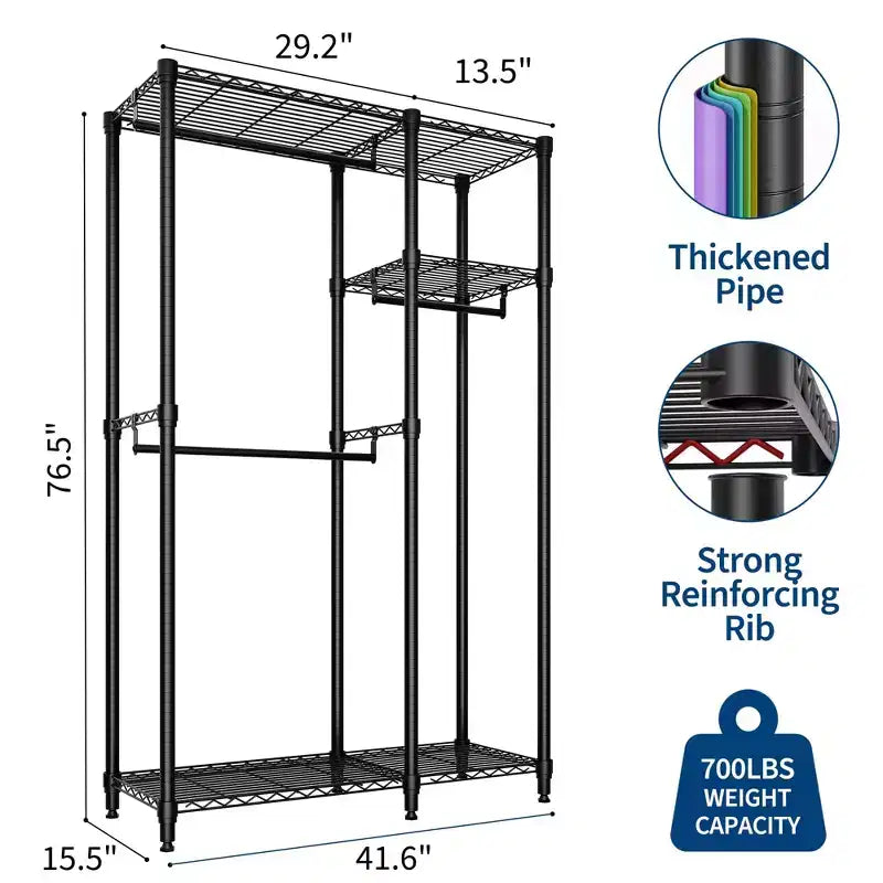 Portant à vêtements robuste 705 LBS, organiseur de placard portable avec étagères réglables et tringle, noir