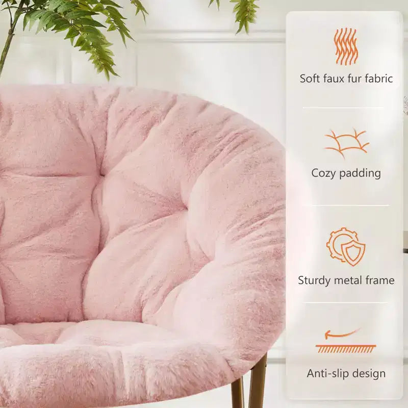 Okak Chaise Confortable Moderne en Fausse Fourrure avec Cadre Métallique, Fauteuil Œuf Pliable, Fauteuil pour Salon, Chambre, Bureau