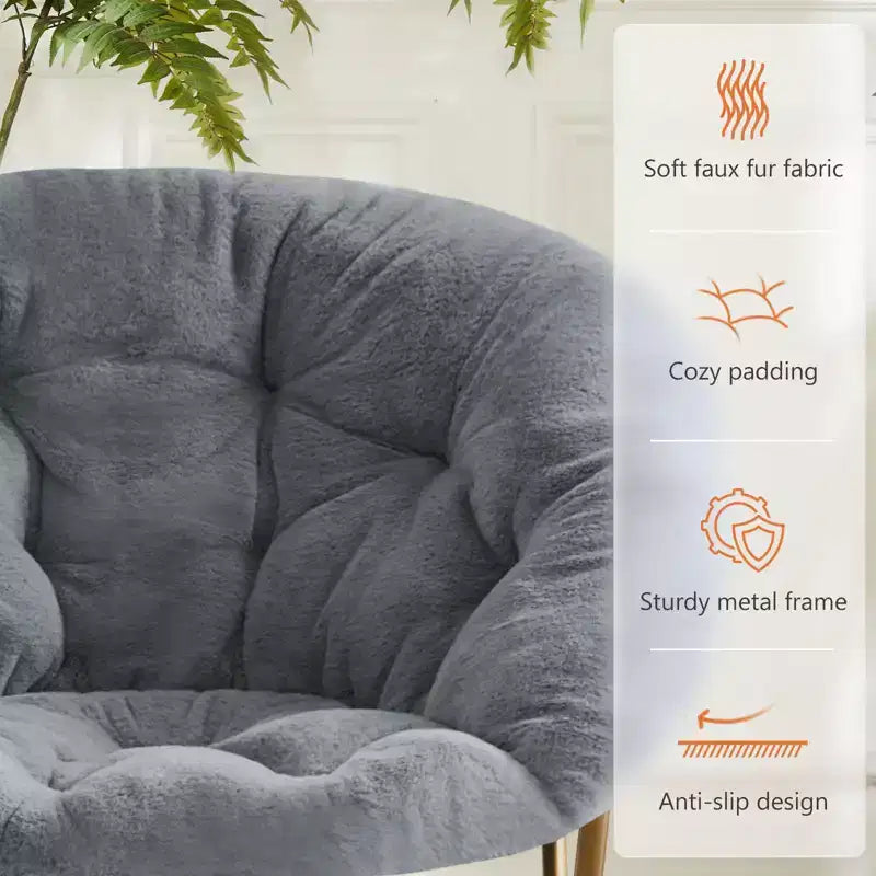 Okak Chaise Confortable Moderne en Fausse Fourrure avec Cadre Métallique, Fauteuil Œuf Pliable, Fauteuil pour Salon, Chambre, Bureau