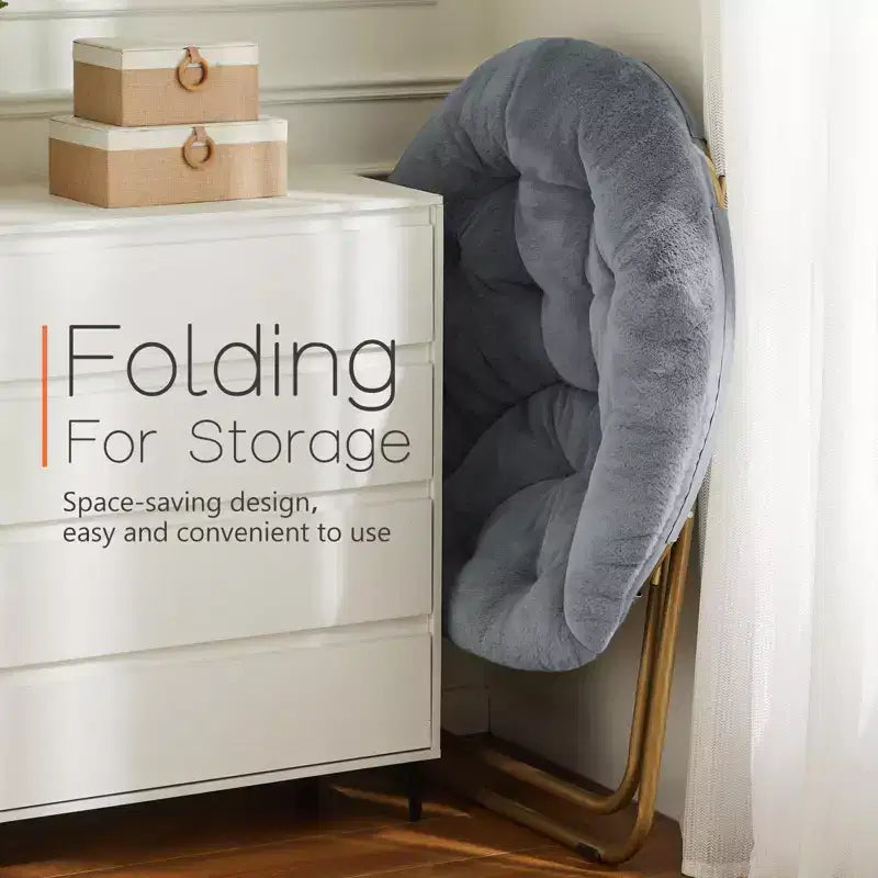 Okak Chaise Confortable Moderne en Fausse Fourrure avec Cadre Métallique, Fauteuil Œuf Pliable, Fauteuil pour Salon, Chambre, Bureau