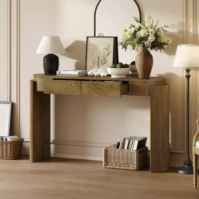 TUYOHW 55 Table console ovale avec 2 tiroirs, Table d'entrée avec pieds cannelés, Table de canapé d'appoint pour couloir, salon, foyer, cuisine