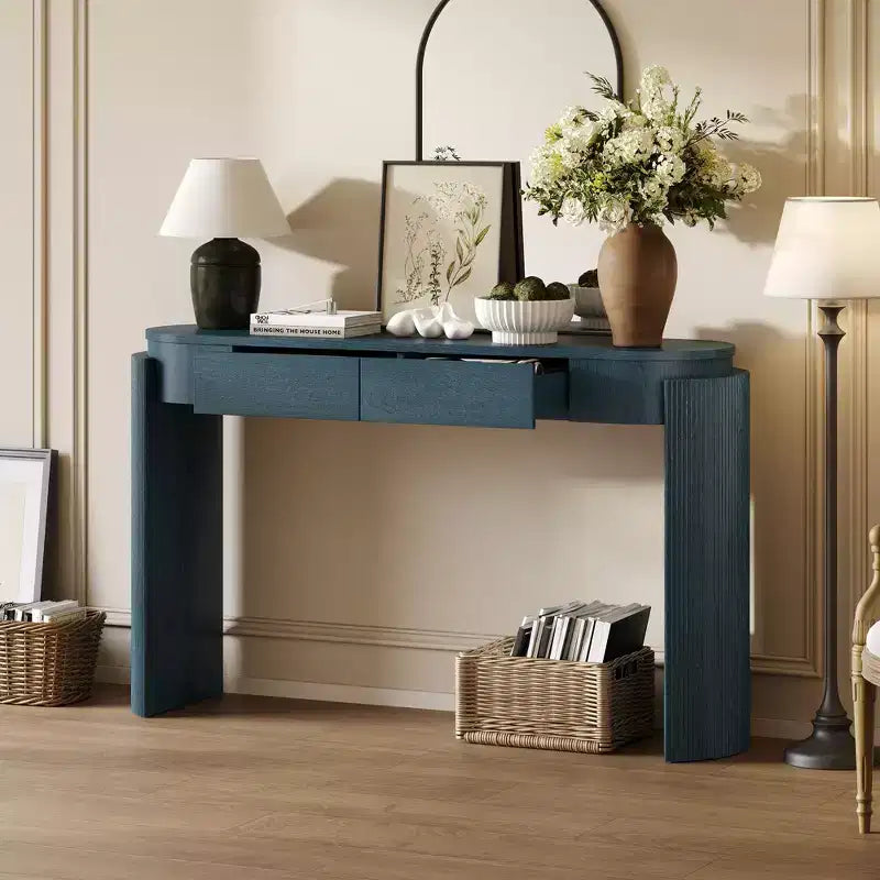 TUYOHW 55 Table console ovale avec 2 tiroirs, Table d'entrée avec pieds cannelés, Table de canapé d'appoint pour couloir, salon, foyer, cuisine
