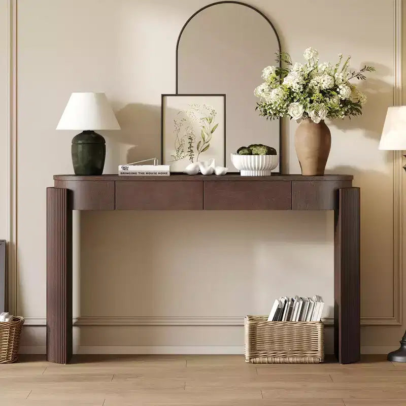 TUYOHW 55 Table console ovale avec 2 tiroirs, Table d'entrée avec pieds cannelés, Table de canapé d'appoint pour couloir, salon, foyer, cuisine