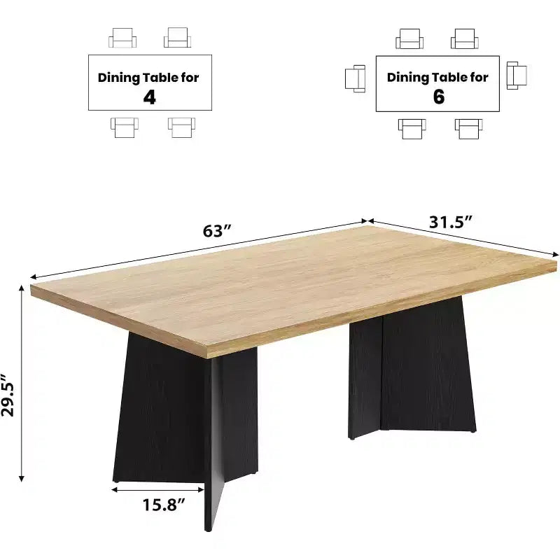Acekool 63 Table de salle à manger moderne de style campagnard pour 6-8 personnes avec pieds en métal noir, pour la cuisine, la salle à manger et le bureau
