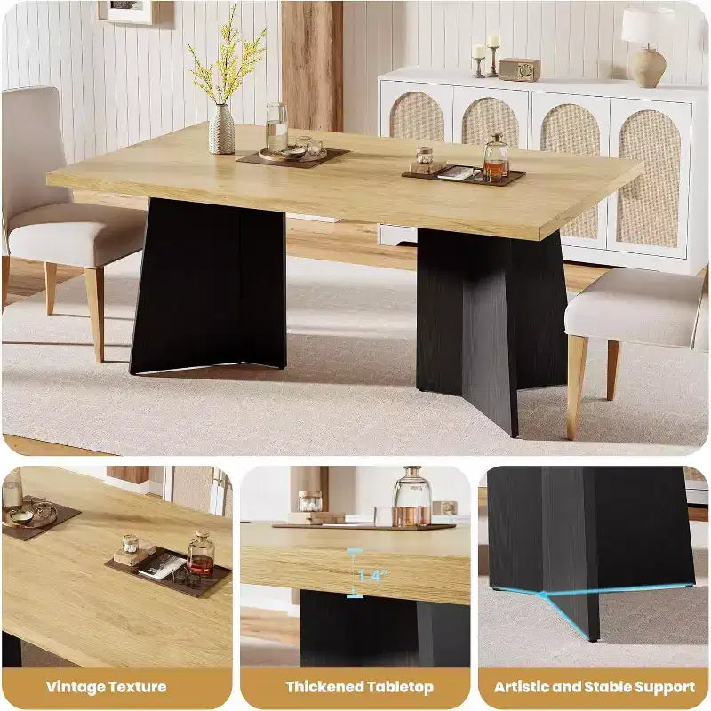 Acekool 63 Table de salle à manger moderne de style campagnard pour 6-8 personnes avec pieds en métal noir, pour la cuisine, la salle à manger et le bureau