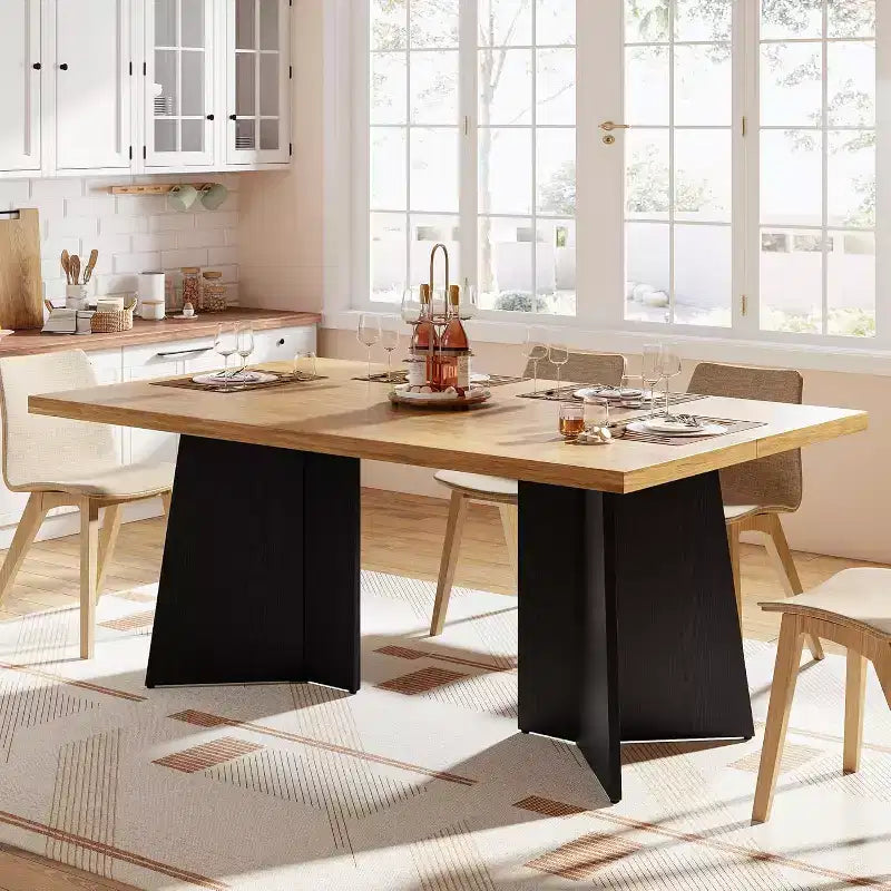 Acekool 63 Table de salle à manger moderne de style campagnard pour 6-8 personnes avec pieds en métal noir, pour la cuisine, la salle à manger et le bureau