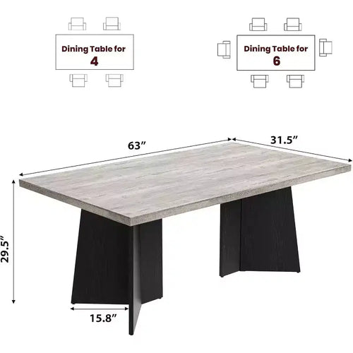 Acekool 63 Table de salle à manger moderne de style campagnard pour 6-8 personnes avec pieds en métal noir, pour la cuisine, la salle à manger et le bureau