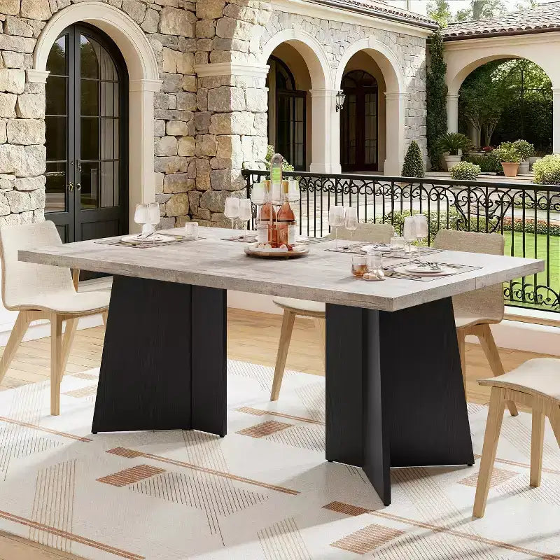 Acekool 63 Table de salle à manger moderne de style campagnard pour 6-8 personnes avec pieds en métal noir, pour la cuisine, la salle à manger et le bureau