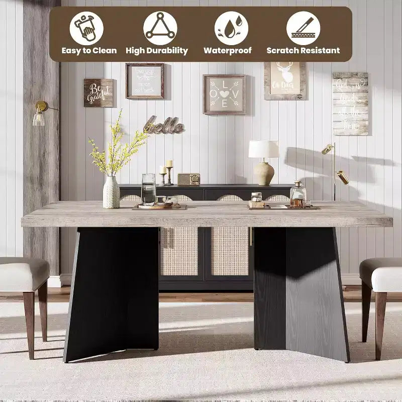 Acekool 63 Table de salle à manger moderne de style campagnard pour 6-8 personnes avec pieds en métal noir, pour la cuisine, la salle à manger et le bureau