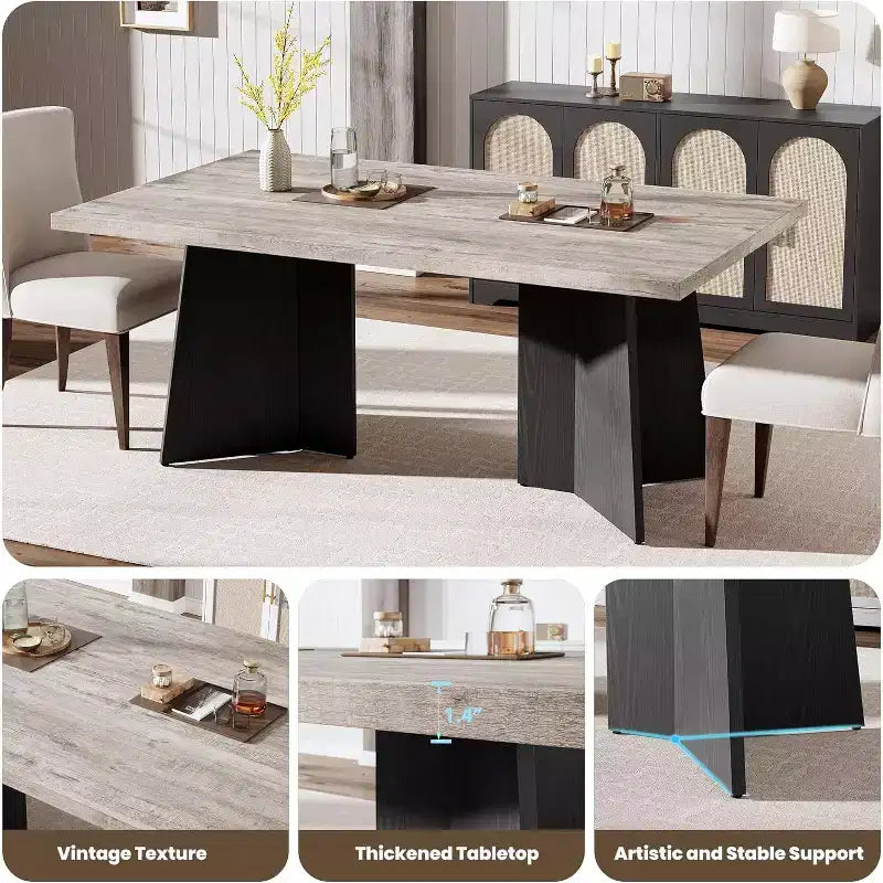 Acekool 63 Table de salle à manger moderne de style campagnard pour 6-8 personnes avec pieds en métal noir, pour la cuisine, la salle à manger et le bureau