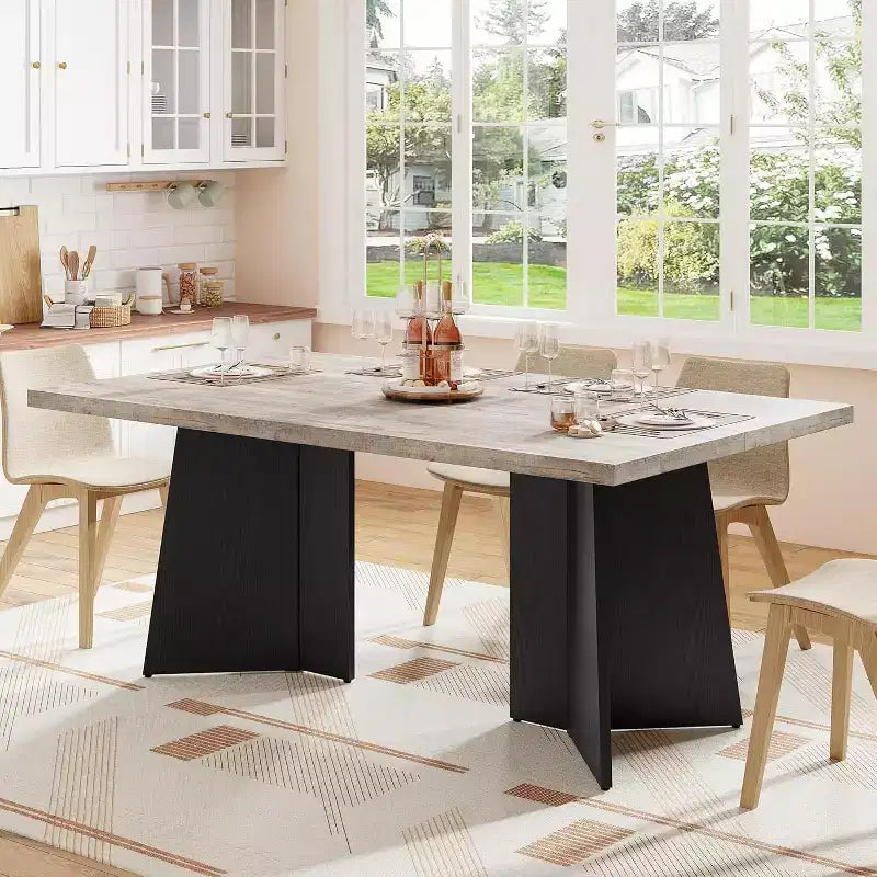 Acekool 63 Table de salle à manger moderne de style campagnard pour 6-8 personnes avec pieds en métal noir, pour la cuisine, la salle à manger et le bureau