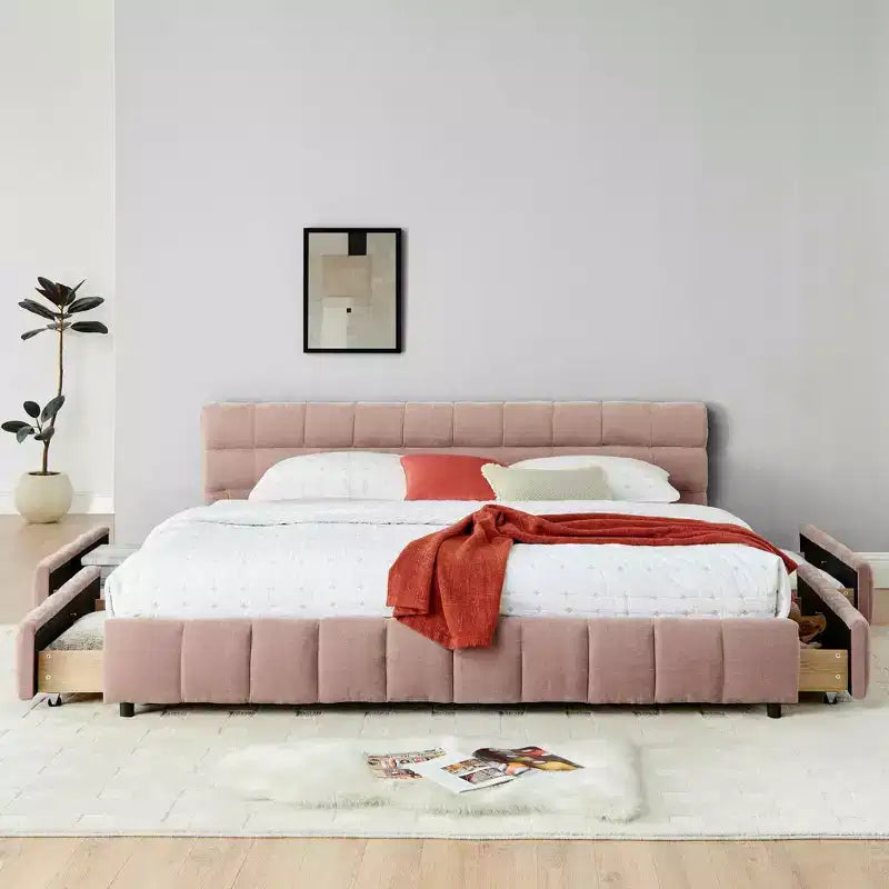 Lit rembourré king size MAYEERTY avec tête de lit et cadre de lit solide avec tiroir pour chambre à coucher rose
