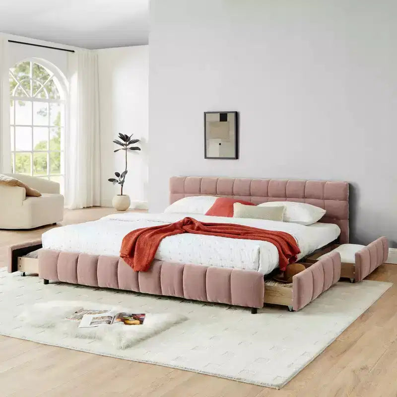 Lit rembourré king size MAYEERTY avec tête de lit et cadre de lit solide avec tiroir pour chambre à coucher rose