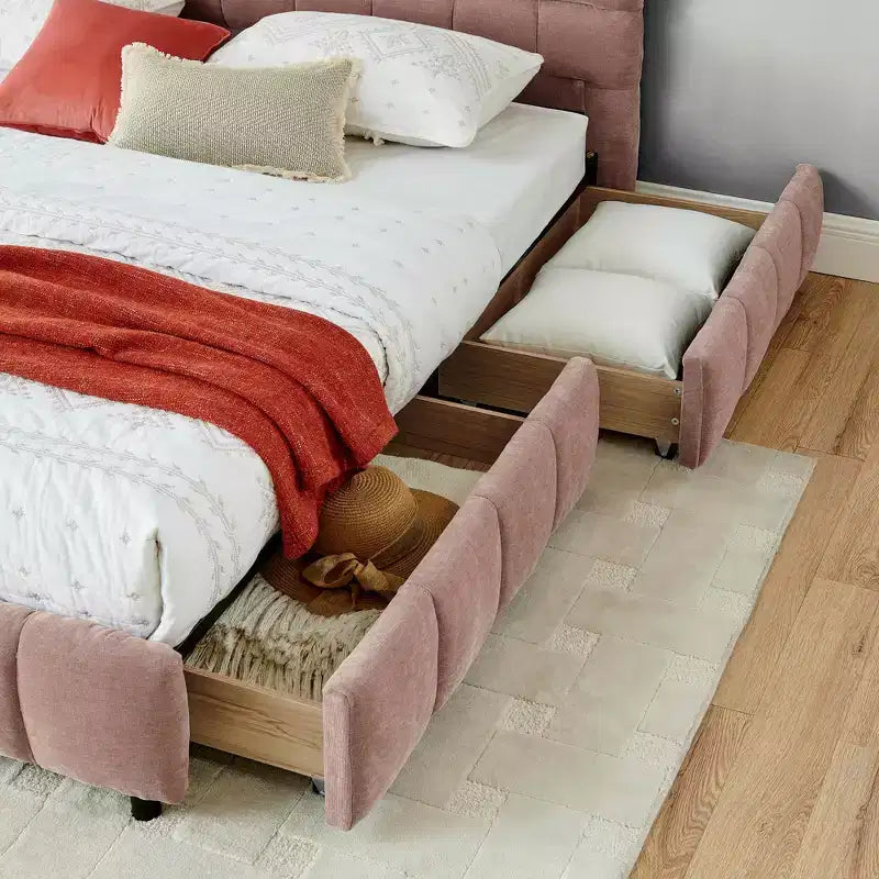 Lit rembourré king size MAYEERTY avec tête de lit et cadre de lit solide avec tiroir pour chambre à coucher rose
