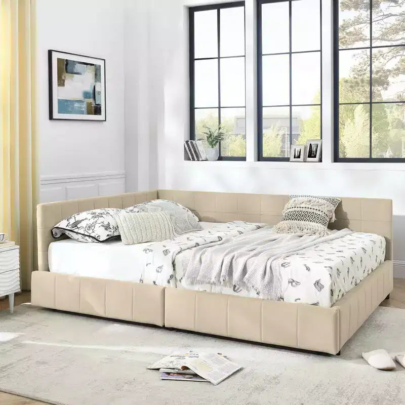 MAYEERTY Lit rembourré capitonné Queen Size avec rangement, dossier et accoudoirs pour chambre, Beige