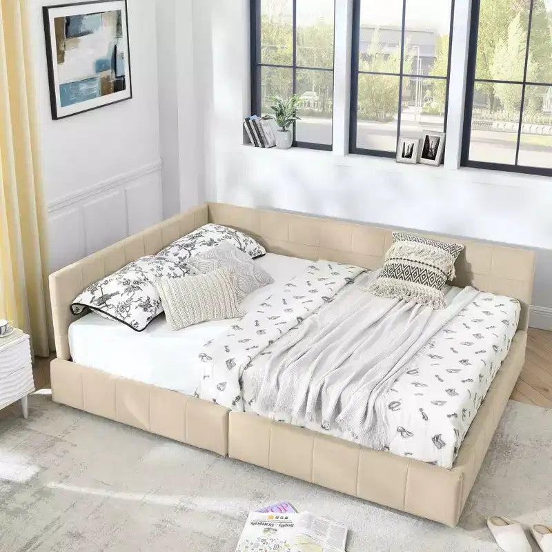 MAYEERTY Lit rembourré capitonné Queen Size avec rangement, dossier et accoudoirs pour chambre, Beige