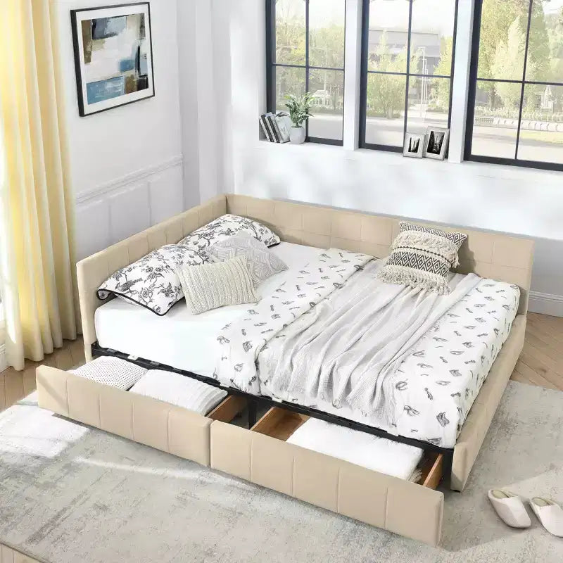 MAYEERTY Lit rembourré capitonné Queen Size avec rangement, dossier et accoudoirs pour chambre, Beige