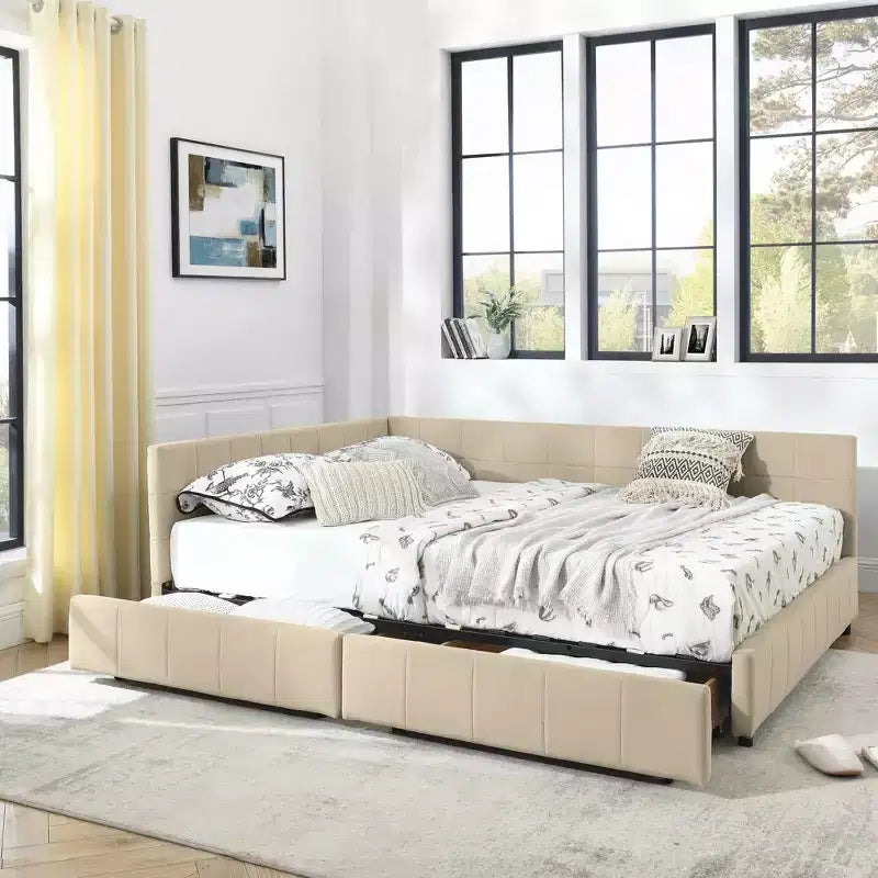 MAYEERTY Lit rembourré capitonné Queen Size avec rangement, dossier et accoudoirs pour chambre, Beige