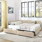 MAYEERTY Lit rembourré capitonné Queen Size avec rangement, dossier et accoudoirs pour chambre, Beige