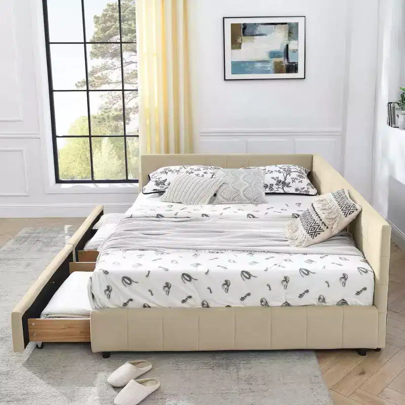 MAYEERTY Lit rembourré capitonné Queen Size avec rangement, dossier et accoudoirs pour chambre, Beige