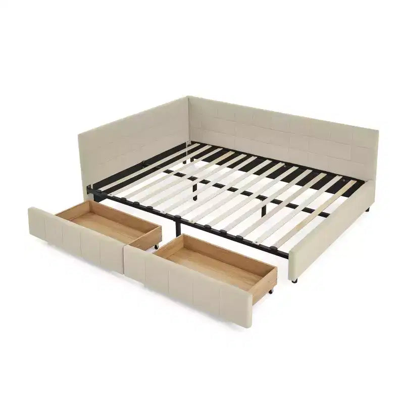 MAYEERTY Lit rembourré capitonné Queen Size avec rangement, dossier et accoudoirs pour chambre, Beige