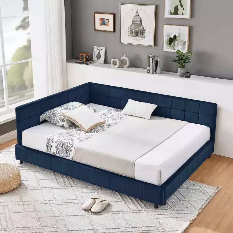 MAYEERTY Lit double capitonné avec dossier et accoudoirs pour chambre à coucher, bleu