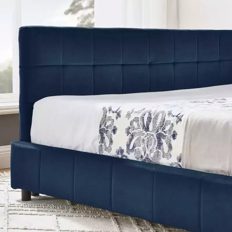 MAYEERTY Lit double capitonné avec dossier et accoudoirs pour chambre à coucher, bleu