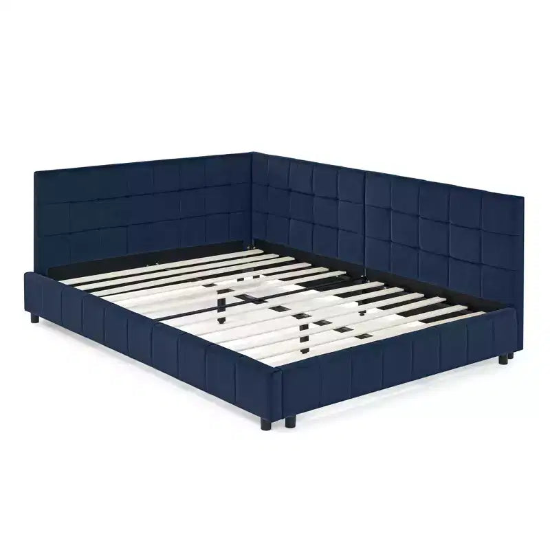 MAYEERTY Lit double capitonné avec dossier et accoudoirs pour chambre à coucher, bleu