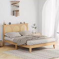 COZONY Boho Queen Bed Frame with Rattan Headboard & LED Lights, Wood Platform Bed