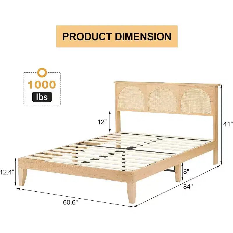 COZONY Lit Queen Size Bohème avec Tête de Lit en Rotin et Lumières LED, Lit Plateforme en Bois