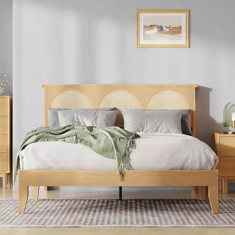 COZONY Lit Queen Size Bohème avec Tête de Lit en Rotin et Lumières LED, Lit Plateforme en Bois